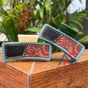 New Premium Handmade Hand Tooled Cowhide Leather Hair <b>Clip</b> Claw Girls Engraved Leather Printed Floral Design Hair Accessories - Product Image 1