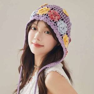 Handmade Cotton Character Hollow Flower Common Knitted <b>Hat</b> Unisex Adult <b>Purple</b> Pullover Face-Slimming Atmosphere Casual 56-58cm - Product Image 1