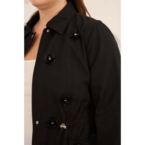 RMG Women's <b>Plus</b> <b>Size</b> <b>Black</b> Cotton Blend <b>Trench</b> <b>Coat</b> with Elegant Floral Appliques - Autumn Winter Outerwear - Product Image 2