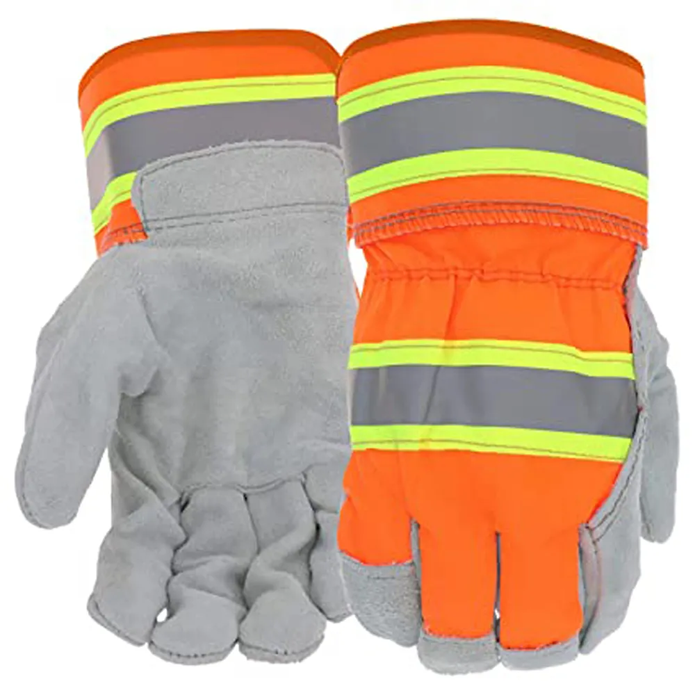 Luvas de trabalho para vaca Hi Vis couro dividido, luvas de segurança para vaca com laranja florescente, luvas de trabalho para vaca com divisão cinza personalizadas, OEM