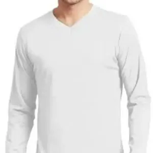 Hafif pamuk erkek T Shirt baskı ile özel logolar sürdürülebilir pamuk V boyun uzun kollu Tee gömlek için örme T Shirt