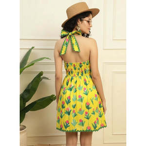Deebaco Women's Yellow Floral Print Halter Sleeveless Mini Sundress Ruffle Hem A-Line Regular Fit Summer Casual Washable Cotton - Product Image 3