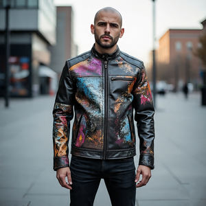 Chaquetas con cremallera completa para motocicleta de cuero genuino con estampado digital personalizado para Hombre | Chaqueta de motorista de cuero de oveja sublimada para hombre - Product Image 3