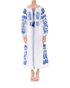 Ukrainian Embroidered Full Puff Sleeves Long Embroidered Ukrainian Occasion Wear Long Belted <b>Dress</b> - Product Image 1