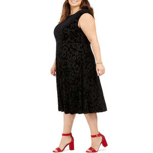 เดรสกำมะหยี่สีดำสำหรับผู้หญิงไซส์ใหญ่ ยี่ห้อทอมมี่ ฟอร์ ฮิลฟิเกอร์ พร้อมแขนเสื้อแบบแคป พิมพ์ลายดอกไม้ เอวทรงธรรมชาติ-ไซส์ 22W - Product Image 3