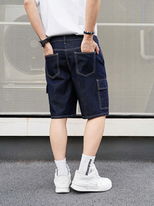 Pantalones cortos de mezclilla Cargo de patrón sólido de estilo callejero para hombre, pantalones cortos holgados medio rectos al por mayor con opciones de personalización completas - Product Image 2