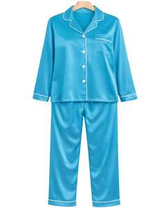 Conjunto de Pijama de Seda Satén Azul Cielo para Mujer, Fabricante, Botones, Manga Larga, Ropa de Dormir, Lujoso, Suave, Brillante, Ropa de Estar por Casa - Product Image 1