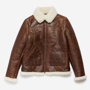 Wholesale Custom Sherilyn Leather Brown Biker <b>Jacket</b> <b>men</b> <b>Sheepskin</b> Shearling Biker Belted Leather <b>Jackets</b> for <b>men</b> - Product Image 1