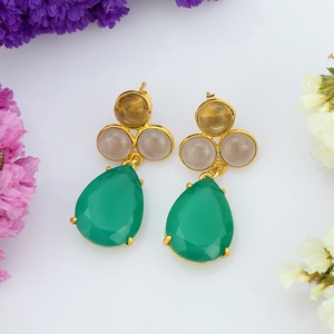 Pendiente lindo de gota de ónix ahumado y verde de alta calidad Pendiente chapado en oro de 18 quilates de Plata de Ley 925 - Product Image 3