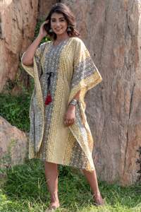 Bohemian çiçek baskılı pamuk Kaftan elbise yaz üç çeyrek kol diz boyu Kaftan doğal bel yıkanabilir düğün Proms - Product Image 2