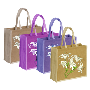 Sac à provisions fourre-tout en jute personnalisé écologique et réutilisable en toile de jute naturelle colorée avec poignée en coton à motif géométrique - Product Image 5