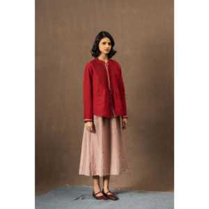 Falda de Lino Tejida a Mano DVE ISHA con Bordado Floral, Cintura Elástica con Cordón Ajustable, Volantes y Estampado de Rayas Carmesí, Talla XS para Primavera - Product Image 5