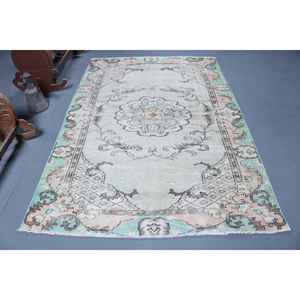Alfombra Turca Vintage Grande de 5.2x7.7 pies, Alfombra Oriental de Lana Azul y Blanca - Product Image 1
