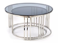 Mesa de anidación de acero inoxidable, moderna y moderna, mesa de café con tapa de vidrio negro para decoración del hogar y la sala de estar