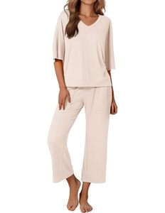 Women's 2-Piece Loose Fit Cotton Pajama <b>Set</b> V-Neck Top With Pocket Mid-Calf Pants Solid Color Breathable Casual Wear - Product Image 1