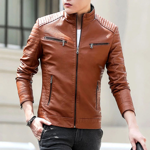 2025 chaquetas informales de cuero de lona marrón para hombre, nueva chaqueta de diseño de manga larga con cremallera y cuello levantado de invierno a la moda para hombre - Product Image 2