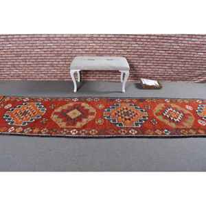 Alfombra Turca de 2.9x11.4 pies, Alfombra Vintage, Alfombra de Lana Roja Naranja Estilo Suroeste - Product Image 3