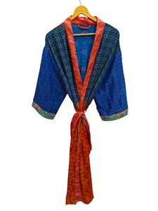 ชุดคลุมอาบน้ำผ้าไหมส่าหรีรีไซเคิลชุดคลุมยาวชุดคลุมสำหรับกลางคืนชุดกิโมโนผ้าไหมส่าหรีแบบรีไซเคิลลายดอกไม้สไตล์วินเทจ - Product Image 5