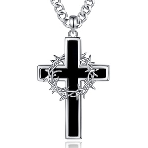 Ciondolo Croce Corona di <span class=keywords><strong>Spine</strong></span> Placcato Argento Vintage Ossidato con Inserti in Ossidiana, Gioiello Regalo Religioso Cristiano Spirituale - Product Image 1