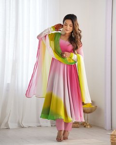 Dernière 2025 nouveau Design/nouvelle couleur énorme Flair été confort fausse georgette broderie longue longueur Anarkali robe avec Dupatta - Product Image 3