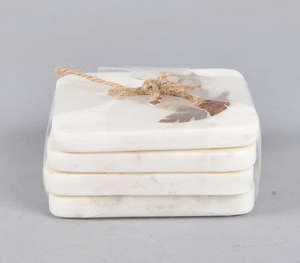 Sous-verre carré minimaliste en marbre blanc avec incrustation de plumes en bois naturel, pièce unique, dessous de plat, vente en gros personnalisée pour la maison - Product Image 2