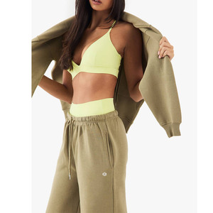 Ensemble de survêtement en molleton de coton olive pour femmes, coupe décontractée, pantalon à jambe droite, logo personnalisé, vente en gros OEM, streetwear - Product Image 2