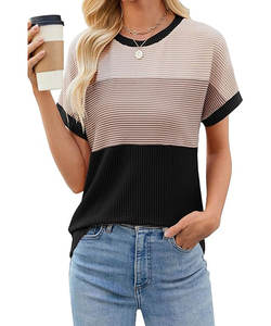 T-shirts en jersey anti-boulochage écologiques pour femmes respirant bloc de couleur broderie à rayures à manches courtes hauts à col rond pour le printemps - Product Image 1