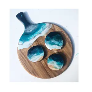 Luxury Wood And Resin Cheese Board Round Shaped With Handle/Resin River Designing/Coaster Wholesale Supplier