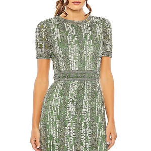 Vestido de fiesta de mujer modesto verde cálido hasta la rodilla con media manga brillantes cristales con cuentas a mano bordado Polymesh Material - Product Image 1