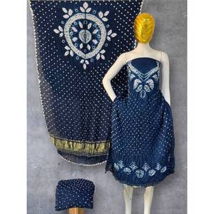 Nuevo Vestido Ecológico, Transpirable, Antiarrugas y Lavable para Mujer, en Modal y Seda Azul, con Diseño Floral Bordado Bandhani y Sibori, Corte en A - Product Image 1