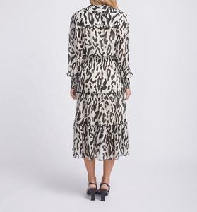 Vestido Casual Americano OEM 2023, Estilo Línea A, con Volantes, Cuello Alto, Botones al Frente, Mangas Largas, Estampado Animal, Tallas Grandes - Product Image 3