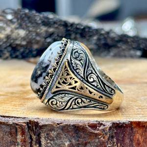 Anillo de plata turquesa para hombre, estilo otomano, piedra blanca ovalada, Plata de ley de 925K, joyería turca hecha a mano para él - Product Image 3