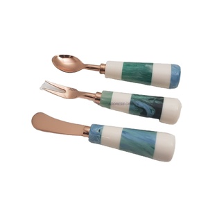 Vaisselle de table en acier inoxydable de style vintage, ensemble de couverts, poignée en résine, vaisselle de bureau, de fête et de restaurant, vaisselle utilisée - Product Image 1