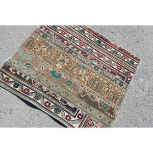 Alfombra de área de lana turca vintage 3 'X 3' Estilo clásico beige y azul con respaldo de látex de diseño de retazos para adolescentes y adultos - Product Image 4