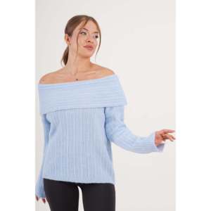 เสื้อสเวตเตอร์ถักสีฟ้าอ่อนแบบเปิดไหล่สไตล์ลำลองขายส่ง - Product Image 2