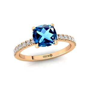 Haute Qualité 18K Solide Or Rose Fine Pierre De Naissance Anneaux Naturel Londres Bleu Topaze Réel Diamant Halo Solitaire Bijoux En Gros - Product Image 4