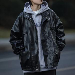 Estilo de primavera Otoño y elegante chaqueta de cuero para hombres y mujeres Top de cuero con cuello levantado holgado a la moda - Product Image 2