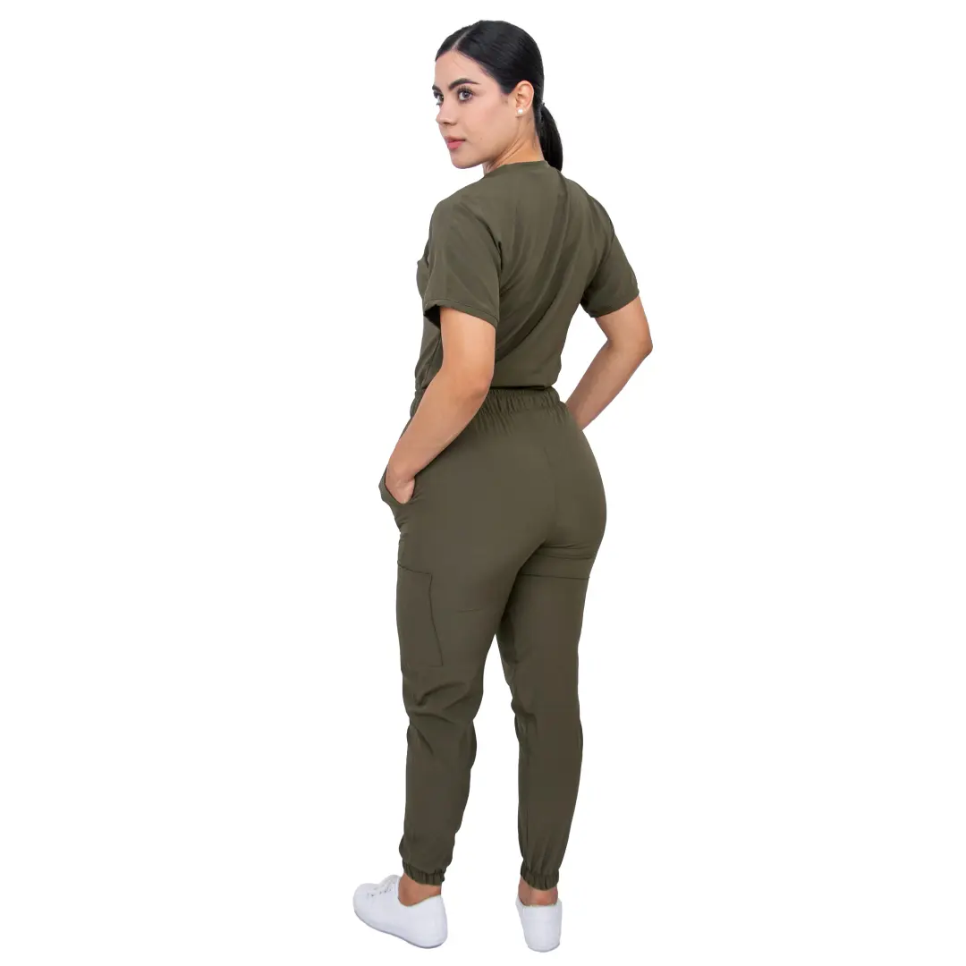 Scrub chirurgico-da donna Stretch anti-fluido verde militare con pantaloni da Jogger e girocollo a maniche corte (personalizzato)