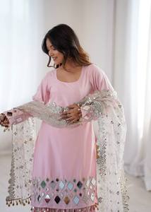 Latest Indian Embroidery Stitched Sharara Gharara <b>Kurti</b> Set Georgette Fabric Red Party Ethnic Wear Reversible Real Mirror - Product Image 3