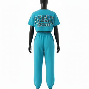 ชุดเซ็ตผู้หญิงคุณภาพสูง ผ้าฝ้ายผสมโพลีเอสเตอร์ 300 GSM แบบฟลีซ เสื้อครอปท็อป กางเกงจ็อกเกอร์ สีเทอร์ควอยซ์ ปักโลโก้ด้วยผ้าเชนิลล์  รับสั่งทำตามแบบ - Product Image 2