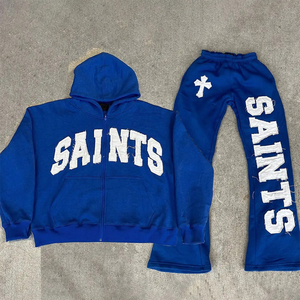 Ensemble de survêtement personnalisé pour hommes, avec doublure en polaire 100% coton, survêtement, jogging, appliqué avec patch vieilli, ourlet brut - Product Image 6