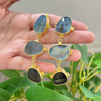 Boucles d'oreilles pendantes en labradorite naturelle, pierre précieuse plate, sertie, plaquées or, faites à la main, pour femmes