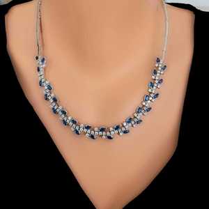925 Sterling Silver White <b>Blue</b> Round Stone <b>Necklace</b> Leaf Motif Waterway Design Diamond Women Wedding Marquise Cut - Product Image 1