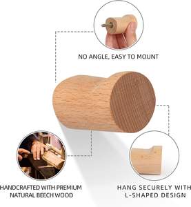 Ganchos de madera natural para pared, paquete de 6 ganchos de madera montados para sombreros, clavijas de pared de madera decorativas modernas para pared de entrada, resistente - Product Image 5