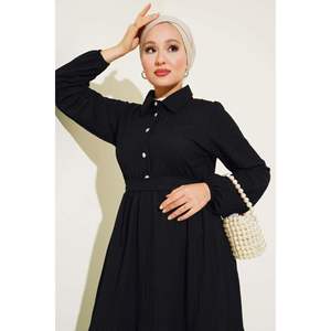 <b>Black</b> Modest <b>Dress</b> with Half Stone Button Detail - Product Image 2