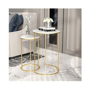 Haut en marbre antique rond 2 pièces ensemble de table basse classique moderne dessus en marbre or acier inoxydable métal tables basses d'appoint - Product Image 1