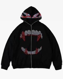 Custom Fully <b>Zip</b> Up Rhinestone <b>Hoodie</b> in <b>Black</b> Cotton Fleece Heavy Weight 450 GSM by Xelent Uniform - Product Image 1