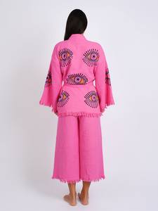 2024 vente chaude été femmes à la main broderie mauvais œil enveloppement coton maison porter ensemble Kimono Robe - Product Image 3