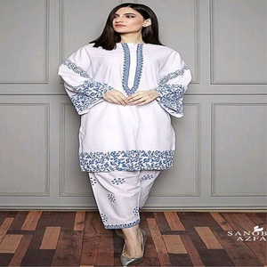 <b>White</b> Linen Churridar Suits with Blue Embroidery Embossed Loose Fit Traditional Indian Pakistani Casual Wear Women Ankle Length - Product Image 3