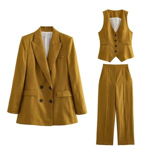 Conjunto de <span class=keywords><strong>Traje</strong></span> de <span class=keywords><strong>Mujer</strong></span> para Primavera/Verano 2025, Estilo Casual, <span class=keywords><strong>Lino</strong></span>, Blazer de Manga Larga, Chaleco y Pantalones - Product Image 2